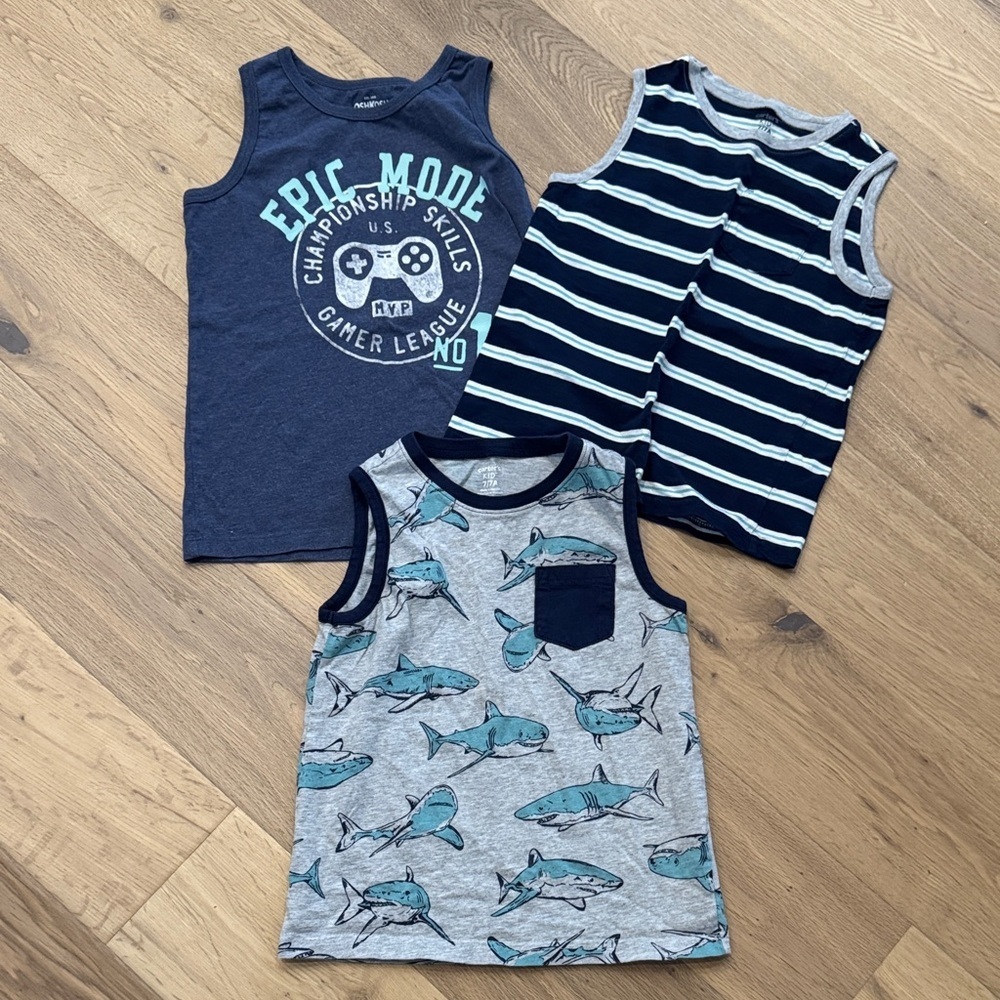Carter's Navy, Striped, and Shark Tank Tops